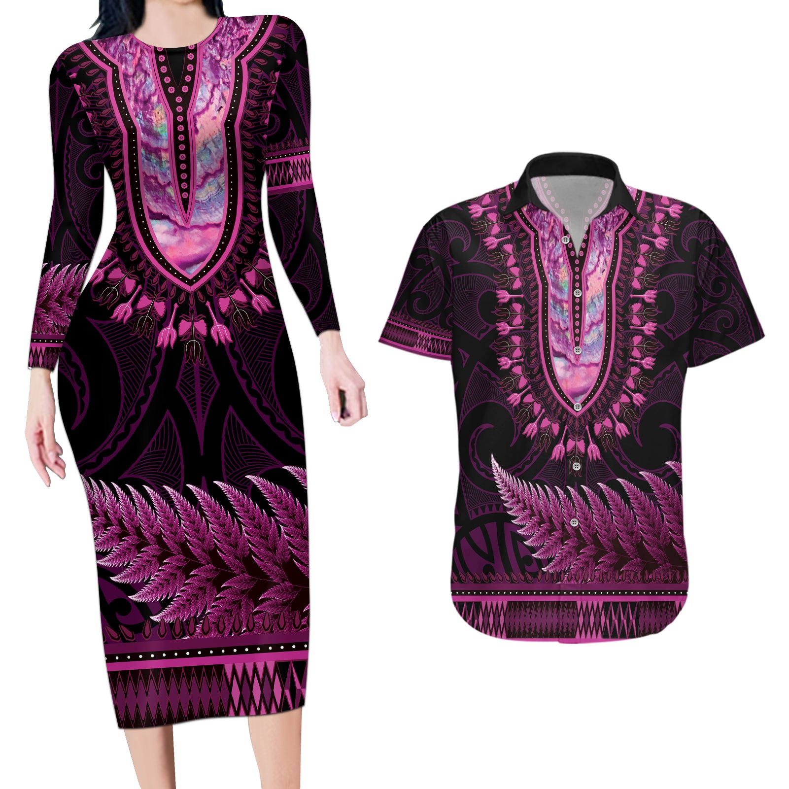 Pink African Dashiki With Aotearoa Maori Couples Matching Long Sleeve Bodycon Dress and Hawaiian Shirt Paua Shell Mix Silver Fern