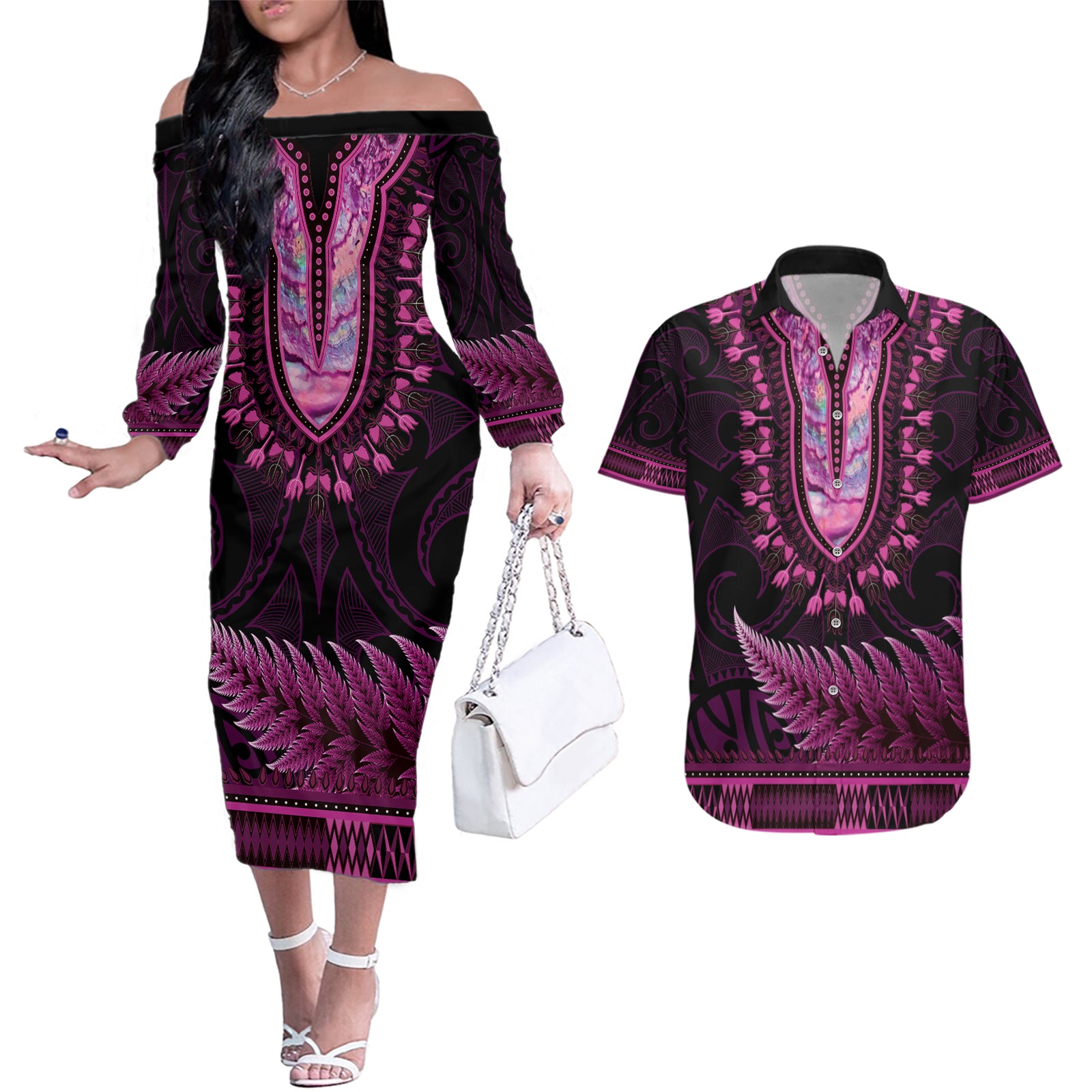 Pink African Dashiki With Aotearoa Maori Couples Matching Off The Shoulder Long Sleeve Dress and Hawaiian Shirt Paua Shell Mix Silver Fern LT14 Pink - Polynesian Pride