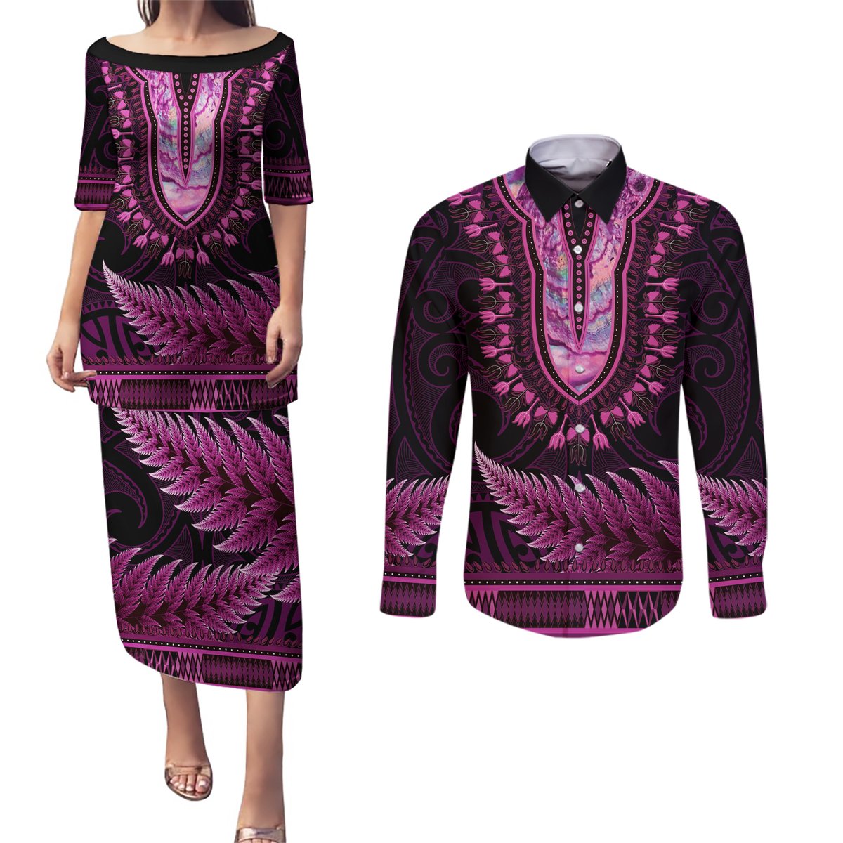 Pink African Dashiki With Aotearoa Maori Couples Matching Puletasi and Long Sleeve Button Shirt Paua Shell Mix Silver Fern LT14 Pink - Polynesian Pride