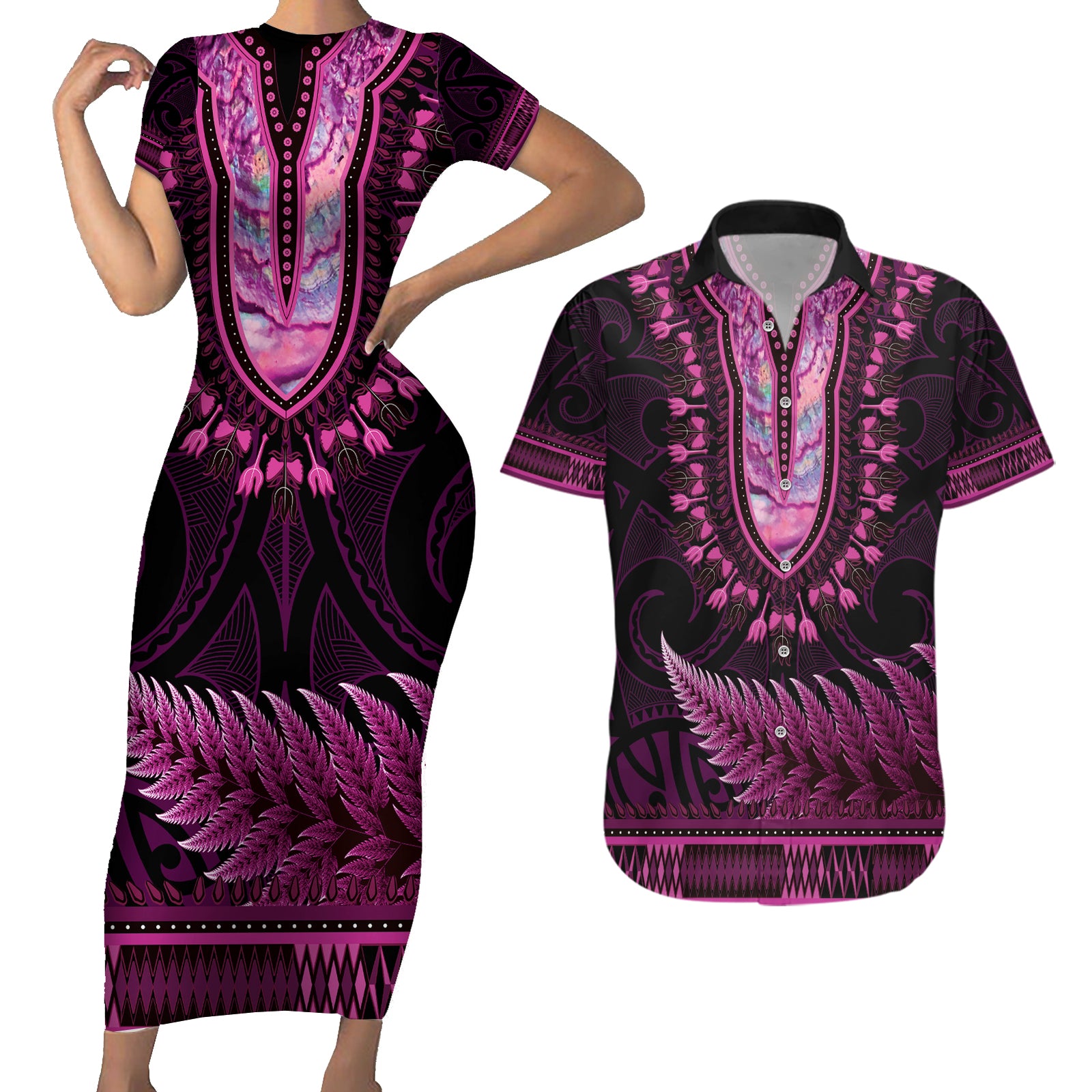 Pink African Dashiki With Aotearoa Maori Couples Matching Short Sleeve Bodycon Dress and Hawaiian Shirt Paua Shell Mix Silver Fern LT14 Pink - Polynesian Pride