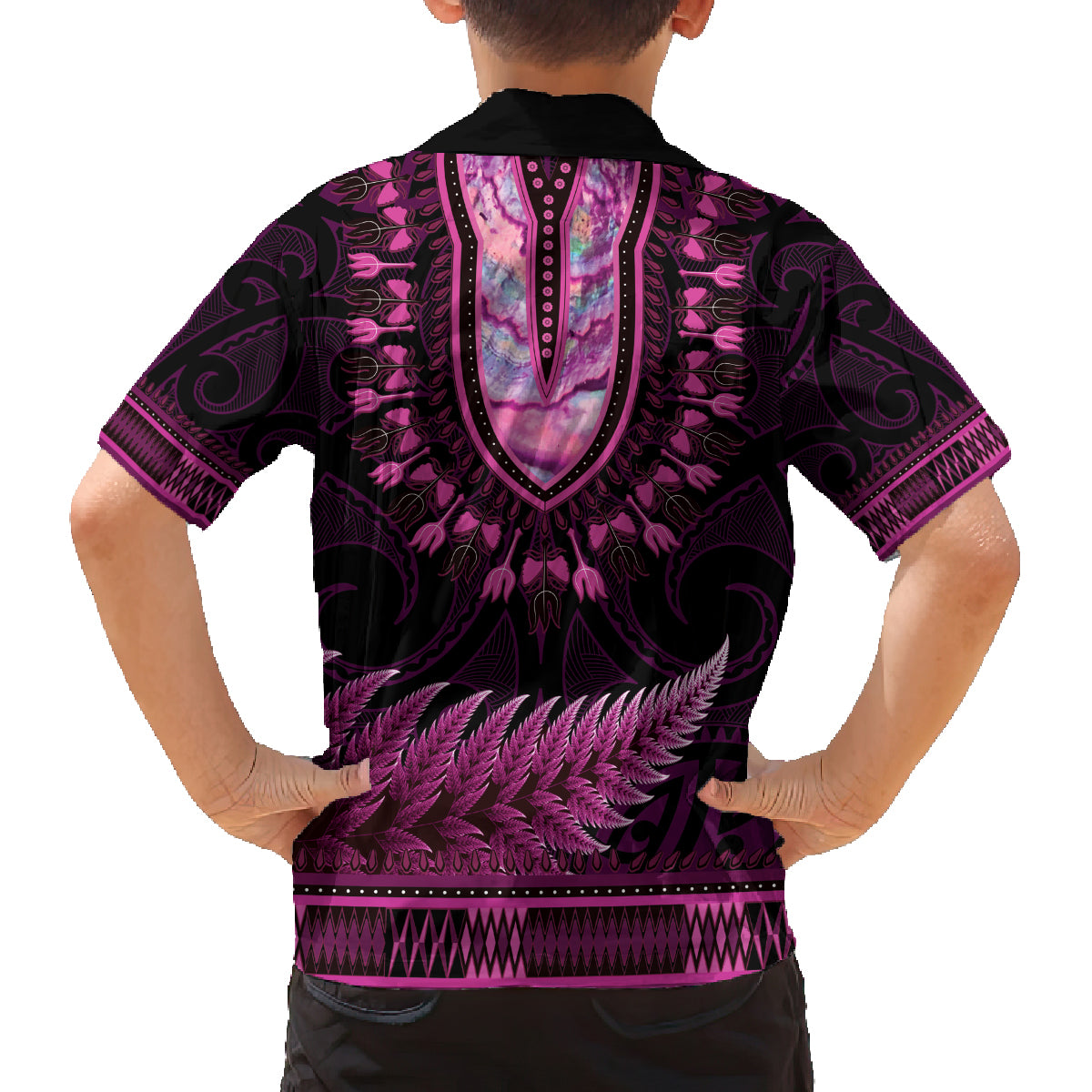 Pink African Dashiki With Aotearoa Maori Family Matching Long Sleeve Bodycon Dress and Hawaiian Shirt Paua Shell Mix Silver Fern LT14 - Polynesian Pride