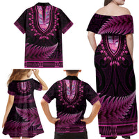 Pink African Dashiki With Aotearoa Maori Family Matching Off Shoulder Maxi Dress and Hawaiian Shirt Paua Shell Mix Silver Fern
