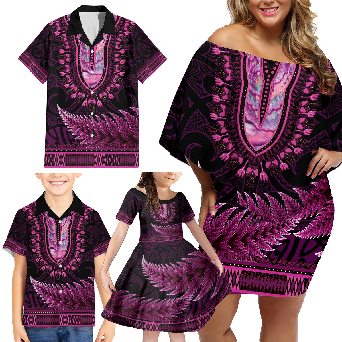 Pink African Dashiki With Aotearoa Maori Family Matching Off Shoulder Short Dress and Hawaiian Shirt Paua Shell Mix Silver Fern LT14 - Polynesian Pride