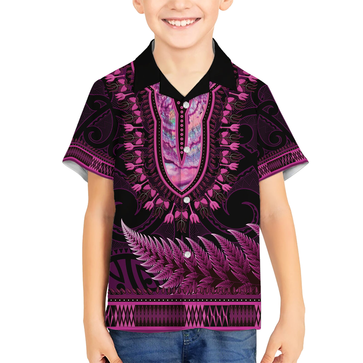 Pink African Dashiki With Aotearoa Maori Family Matching Short Sleeve Bodycon Dress and Hawaiian Shirt Paua Shell Mix Silver Fern