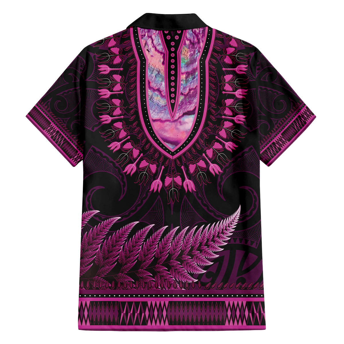 Pink African Dashiki With Aotearoa Maori Family Matching Summer Maxi Dress and Hawaiian Shirt Paua Shell Mix Silver Fern LT14 - Polynesian Pride