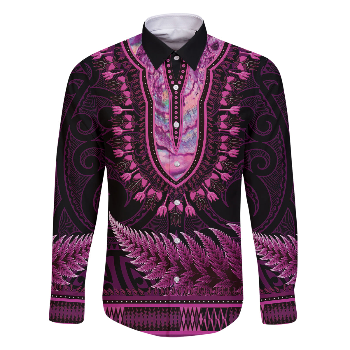 Pink African Dashiki With Aotearoa Maori Family Matching Summer Maxi Dress and Hawaiian Shirt Paua Shell Mix Silver Fern LT14 Dad's Shirt - Long Sleeve Pink - Polynesian Pride