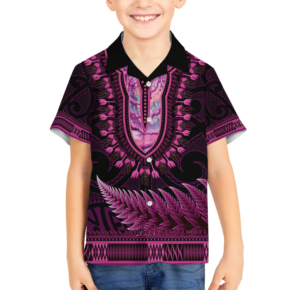 Pink African Dashiki With Aotearoa Maori Family Matching Summer Maxi Dress and Hawaiian Shirt Paua Shell Mix Silver Fern LT14 Son's Shirt Pink - Polynesian Pride