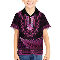 Pink African Dashiki With Aotearoa Maori Family Matching Summer Maxi Dress and Hawaiian Shirt Paua Shell Mix Silver Fern LT14 Son's Shirt Pink - Polynesian Pride