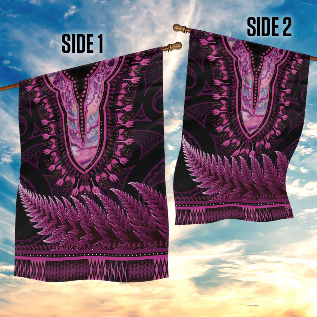 Pink African Dashiki With Aotearoa Maori Garden Flag Paua Shell Mix Silver Fern LT14 - Polynesian Pride