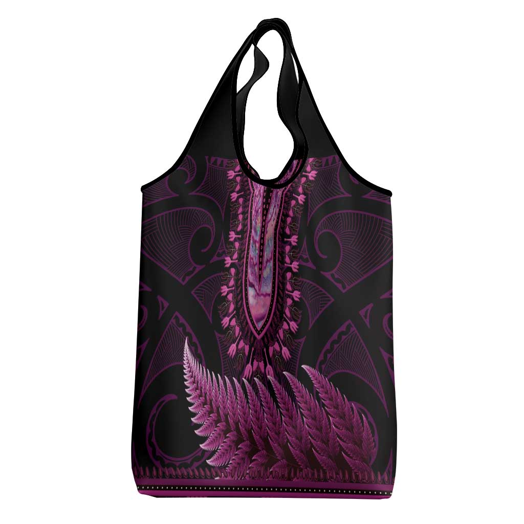 Pink African Dashiki With Aotearoa Maori Grocery Bag Paua Shell Mix Silver Fern LT14 - Polynesian Pride