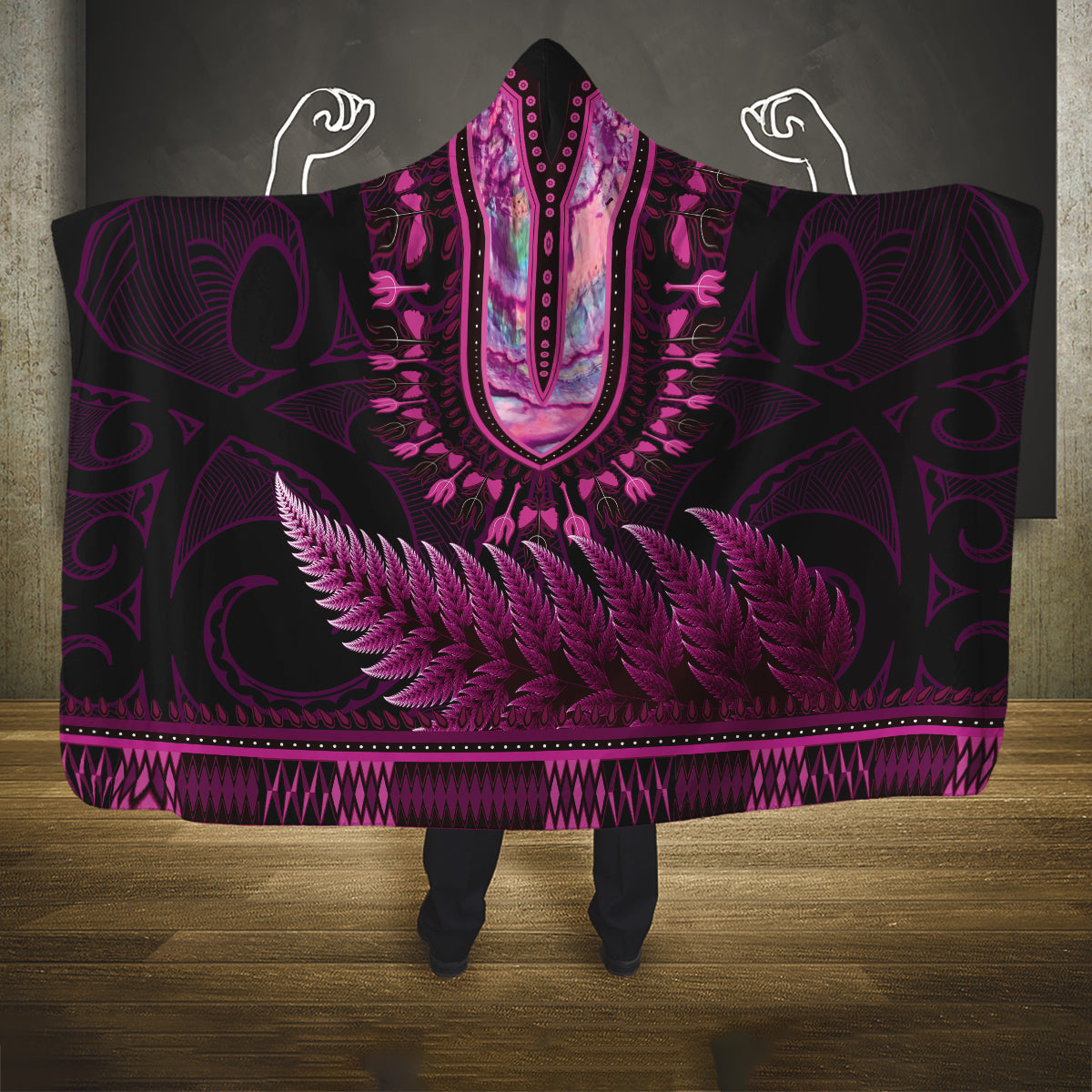 Pink African Dashiki With Aotearoa Maori Hooded Blanket Paua Shell Mix Silver Fern LT14 One Size Pink - Polynesian Pride
