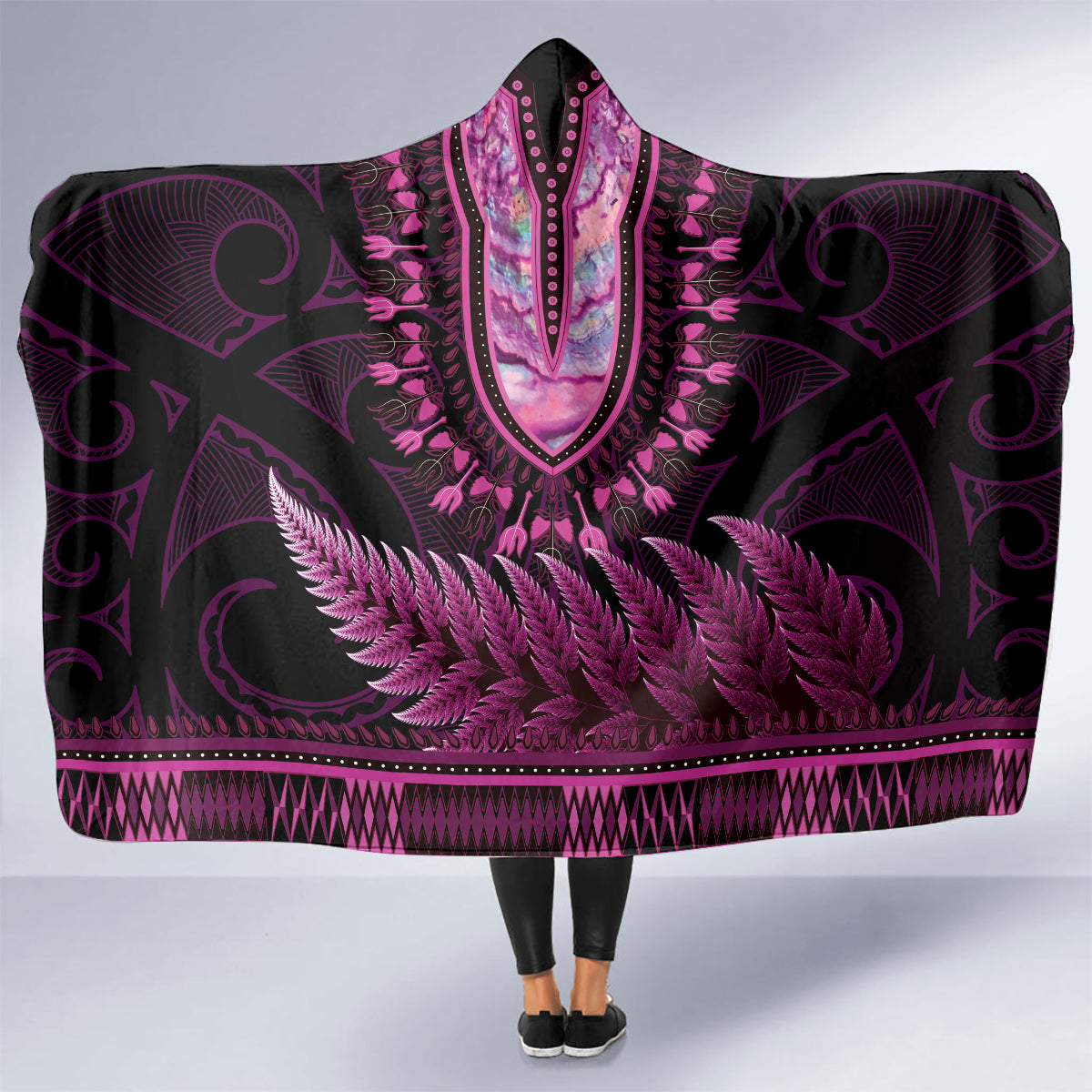 Pink African Dashiki With Aotearoa Maori Hooded Blanket Paua Shell Mix Silver Fern LT14 - Polynesian Pride