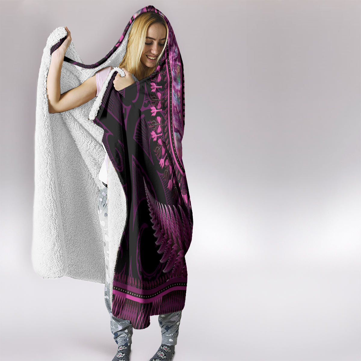 Pink African Dashiki With Aotearoa Maori Hooded Blanket Paua Shell Mix Silver Fern LT14 - Polynesian Pride