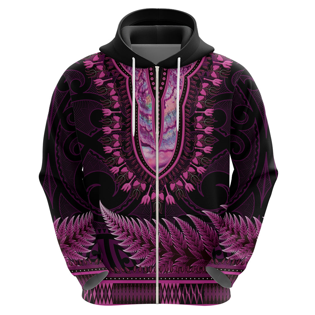 Pink African Dashiki With Aotearoa Maori Hoodie Paua Shell Mix Silver Fern