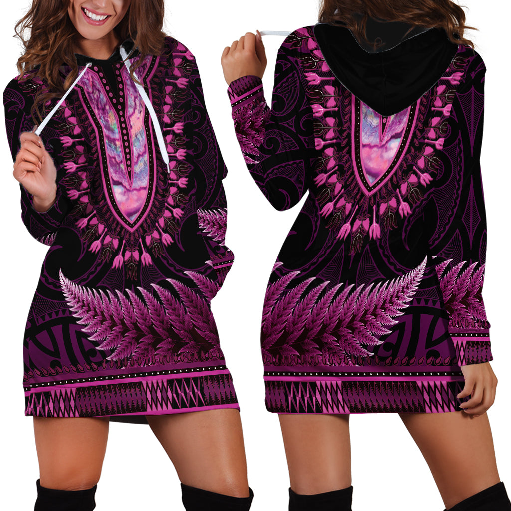 Pink African Dashiki With Aotearoa Maori Hoodie Dress Paua Shell Mix Silver Fern LT14 - Polynesian Pride
