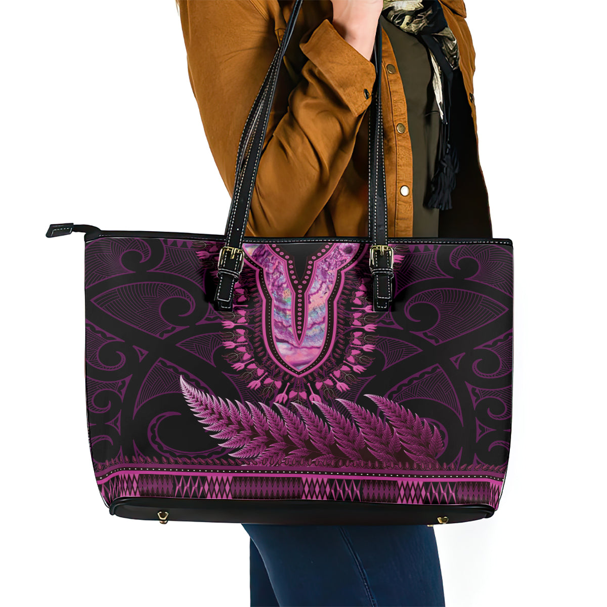 Pink African Dashiki With Aotearoa Maori Leather Tote Bag Paua Shell Mix Silver Fern LT14 - Polynesian Pride