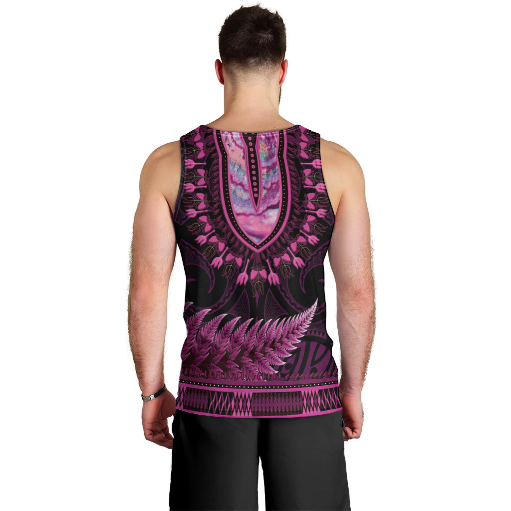 Pink African Dashiki With Aotearoa Maori Men Tank Top Paua Shell Mix Silver Fern LT14 - Polynesian Pride