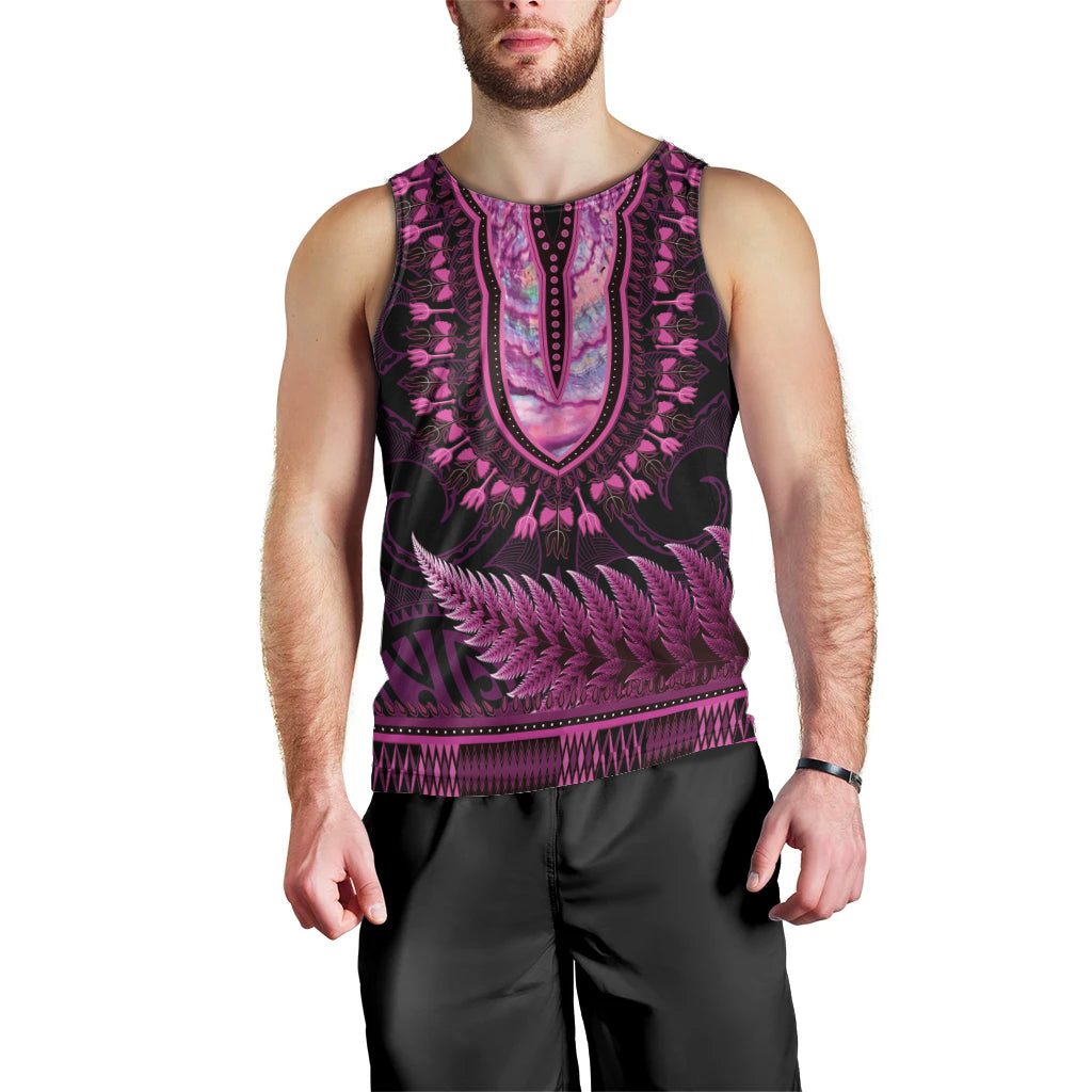 Pink African Dashiki With Aotearoa Maori Men Tank Top Paua Shell Mix Silver Fern LT14 - Polynesian Pride