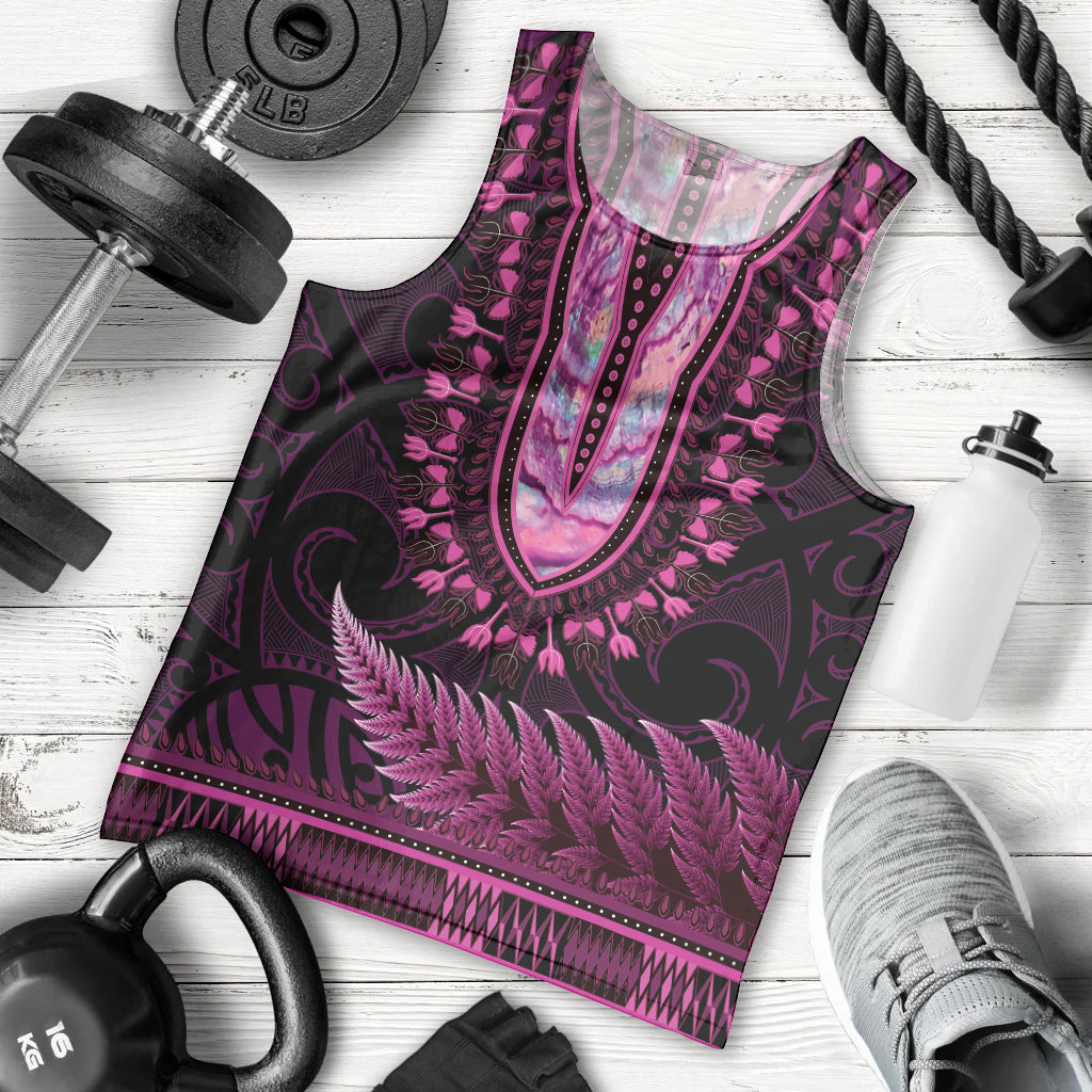 Pink African Dashiki With Aotearoa Maori Men Tank Top Paua Shell Mix Silver Fern LT14 - Polynesian Pride