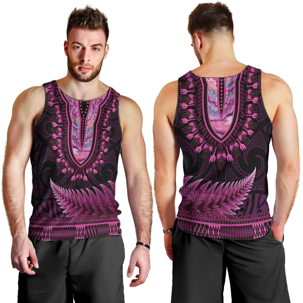 Pink African Dashiki With Aotearoa Maori Men Tank Top Paua Shell Mix Silver Fern LT14 - Polynesian Pride