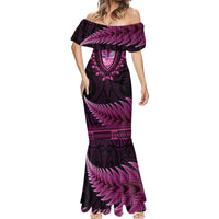 Pink African Dashiki With Aotearoa Maori Mermaid Dress Paua Shell Mix Silver Fern