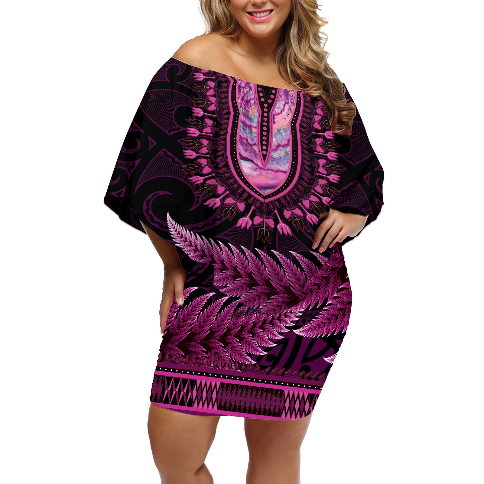 Pink African Dashiki With Aotearoa Maori Off Shoulder Short Dress Paua Shell Mix Silver Fern