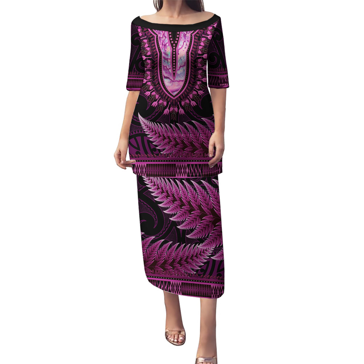 Pink African Dashiki With Aotearoa Maori Puletasi Paua Shell Mix Silver Fern LT14 Long Dress Pink - Polynesian Pride