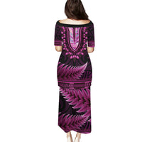 Pink African Dashiki With Aotearoa Maori Puletasi Paua Shell Mix Silver Fern LT14 - Polynesian Pride