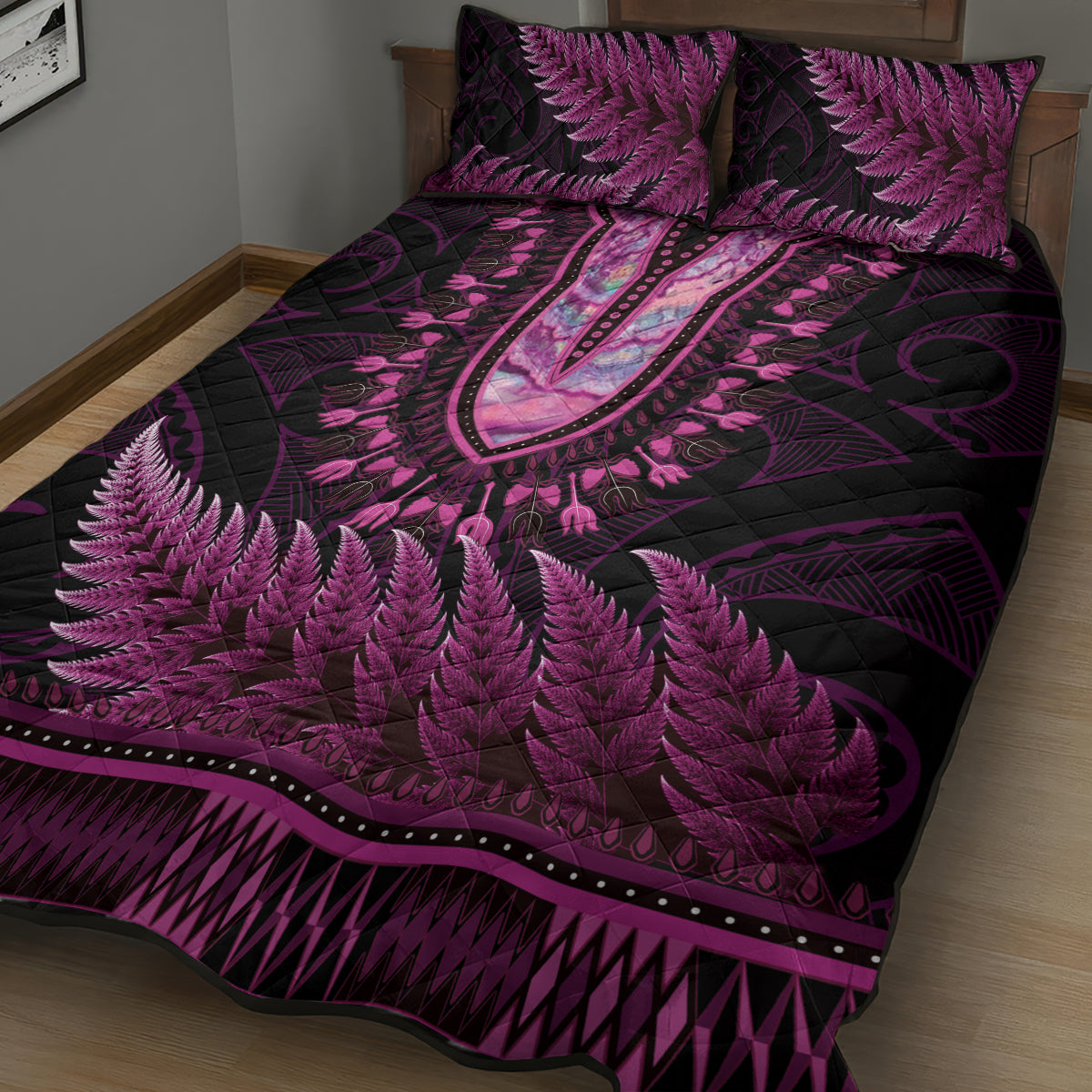 Pink African Dashiki With Aotearoa Maori Quilt Bed Set Paua Shell Mix Silver Fern LT14 - Polynesian Pride