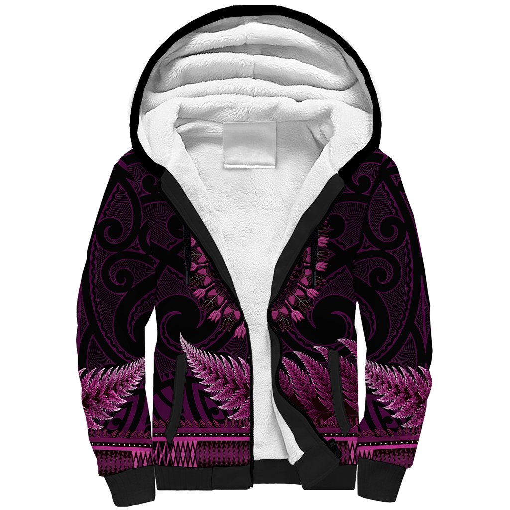 Pink African Dashiki With Aotearoa Maori Sherpa Hoodie Paua Shell Mix Silver Fern LT14 Unisex Pink - Polynesian Pride