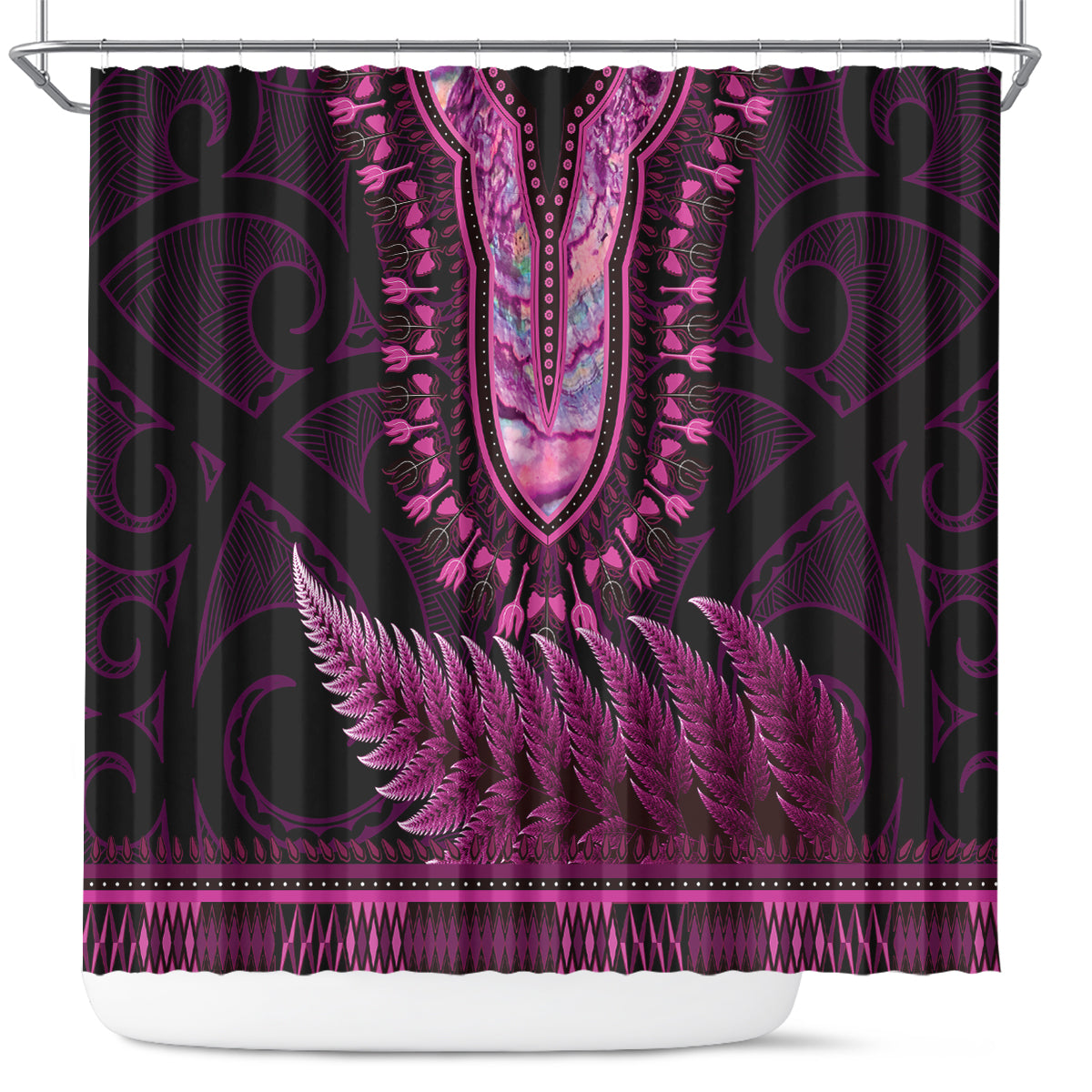 Pink African Dashiki With Aotearoa Maori Shower Curtain Paua Shell Mix Silver Fern