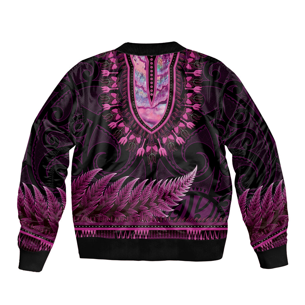 Pink African Dashiki With Aotearoa Maori Sleeve Zip Bomber Jacket Paua Shell Mix Silver Fern LT14 - Polynesian Pride