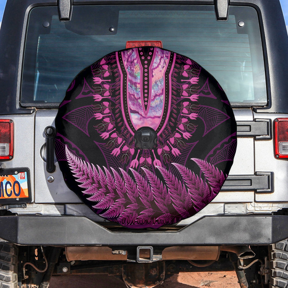 Pink African Dashiki With Aotearoa Maori Spare Tire Cover Paua Shell Mix Silver Fern LT14 Pink - Polynesian Pride