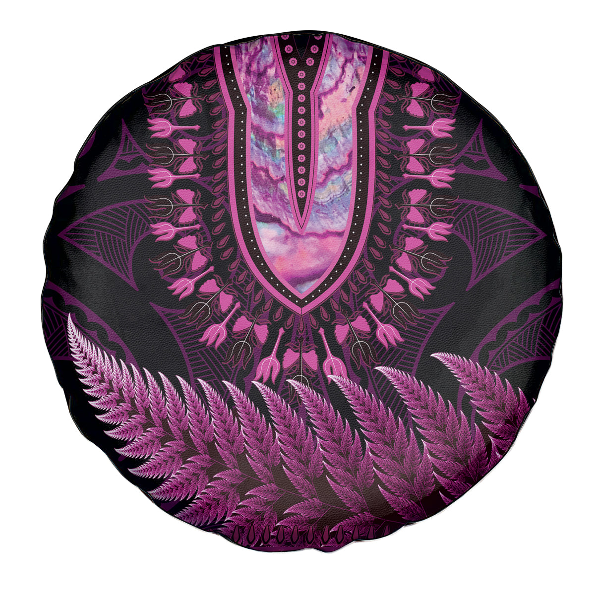 Pink African Dashiki With Aotearoa Maori Spare Tire Cover Paua Shell Mix Silver Fern LT14 - Polynesian Pride