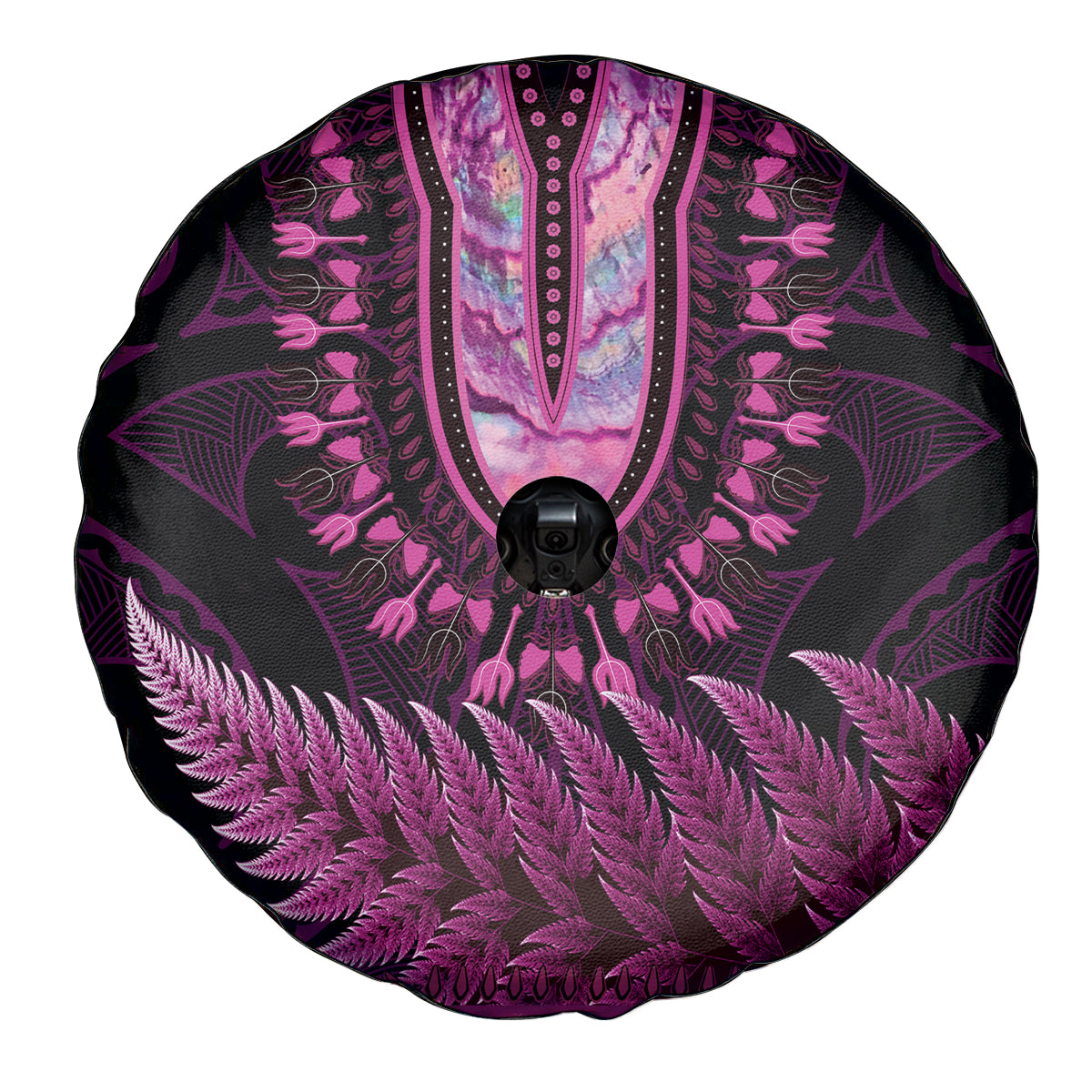 Pink African Dashiki With Aotearoa Maori Spare Tire Cover Paua Shell Mix Silver Fern LT14 - Polynesian Pride