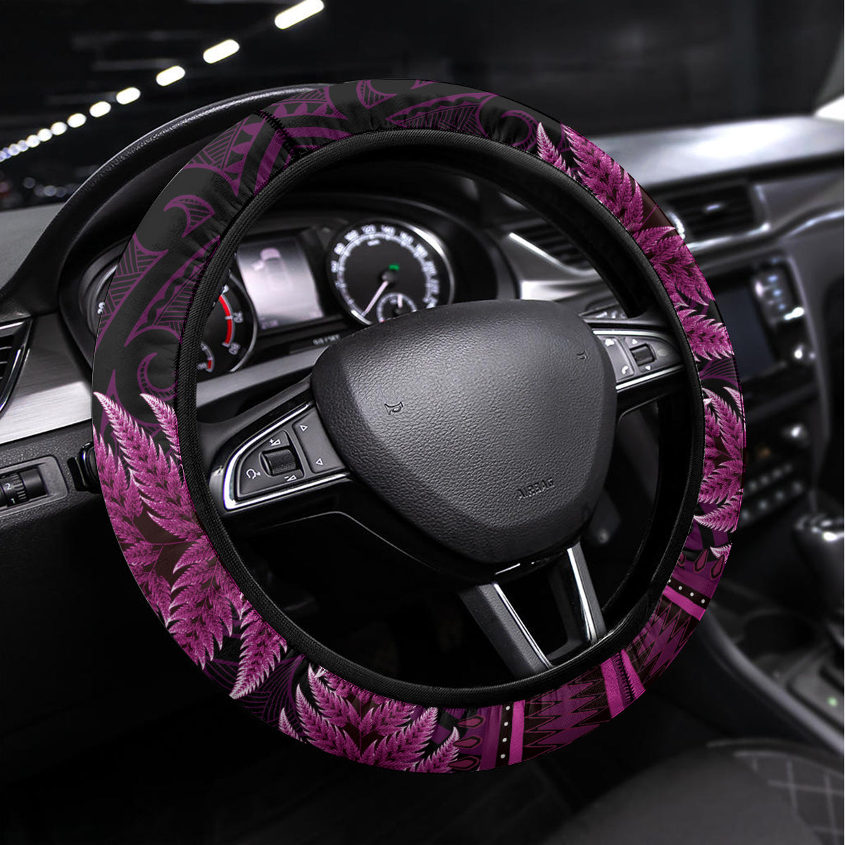 Pink African Dashiki With Aotearoa Maori Steering Wheel Cover Paua Shell Mix Silver Fern LT14 Universal Fit Pink - Polynesian Pride