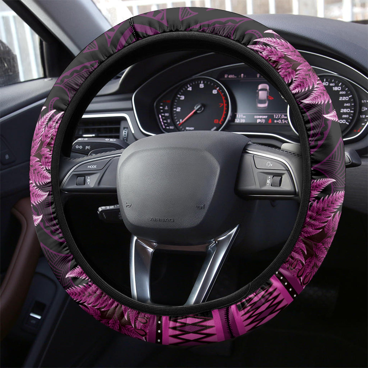 Pink African Dashiki With Aotearoa Maori Steering Wheel Cover Paua Shell Mix Silver Fern LT14 - Polynesian Pride