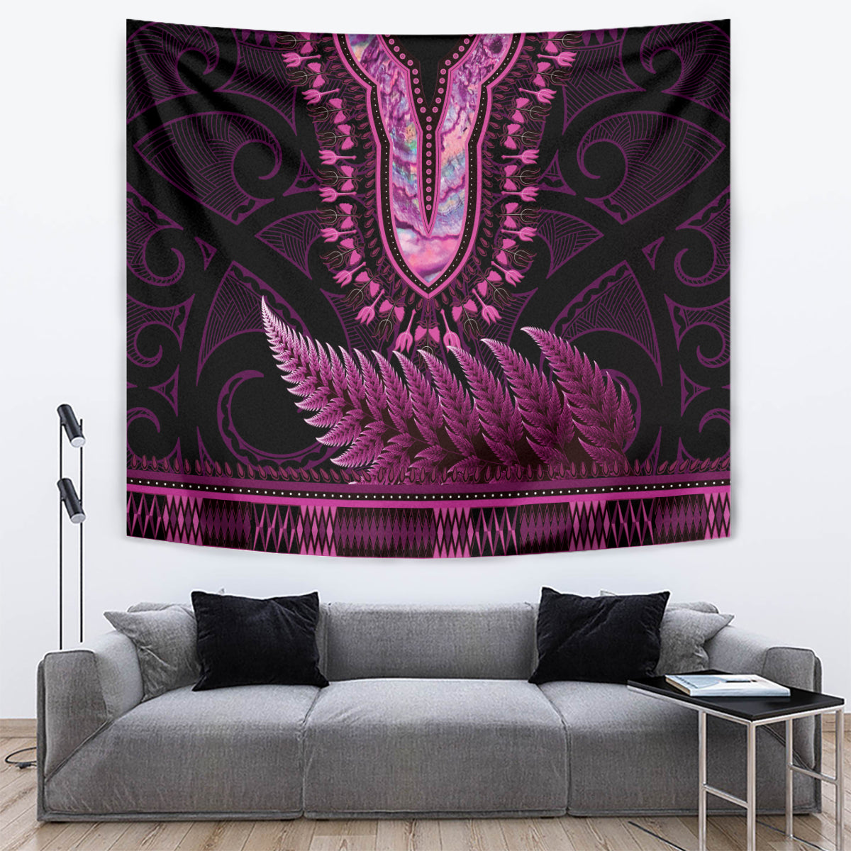Pink African Dashiki With Aotearoa Maori Tapestry Paua Shell Mix Silver Fern LT14 Pink - Polynesian Pride