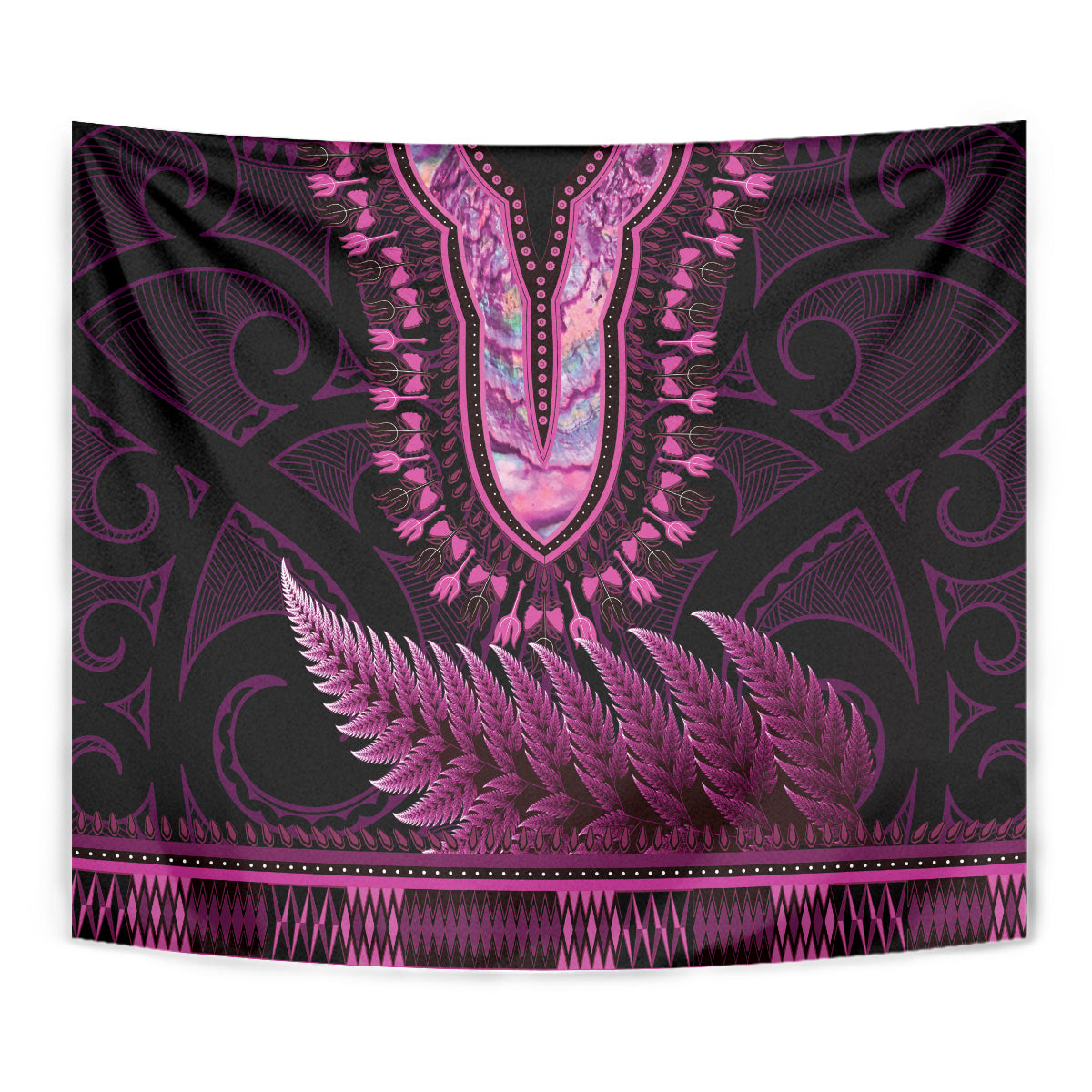 Pink African Dashiki With Aotearoa Maori Tapestry Paua Shell Mix Silver Fern LT14 - Polynesian Pride
