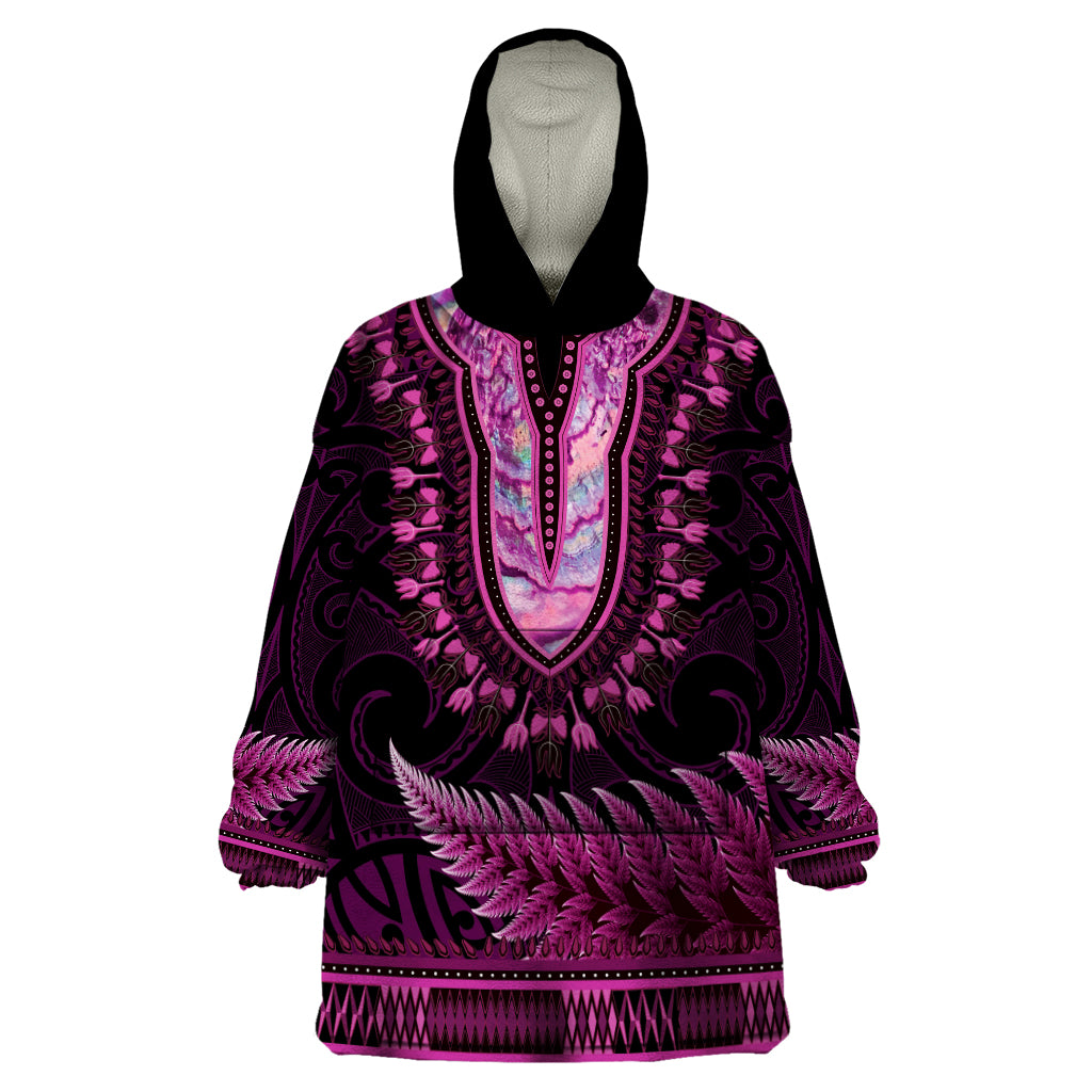 Pink African Dashiki With Aotearoa Maori Wearable Blanket Hoodie Paua Shell Mix Silver Fern LT14 One Size Pink - Polynesian Pride