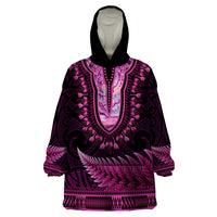Pink African Dashiki With Aotearoa Maori Wearable Blanket Hoodie Paua Shell Mix Silver Fern LT14 One Size Pink - Polynesian Pride