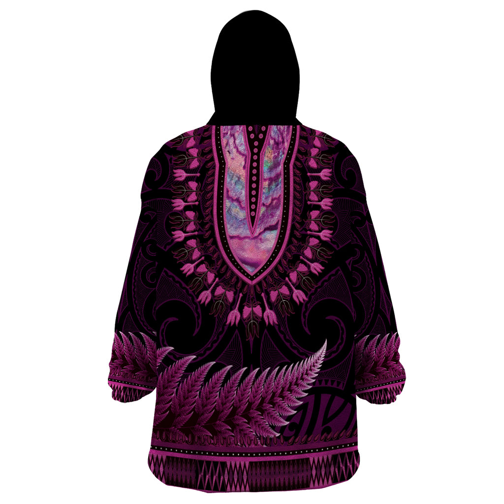 Pink African Dashiki With Aotearoa Maori Wearable Blanket Hoodie Paua Shell Mix Silver Fern LT14 - Polynesian Pride