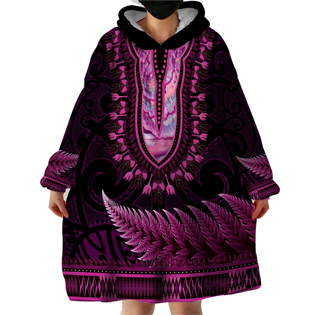 Pink African Dashiki With Aotearoa Maori Wearable Blanket Hoodie Paua Shell Mix Silver Fern LT14 - Polynesian Pride