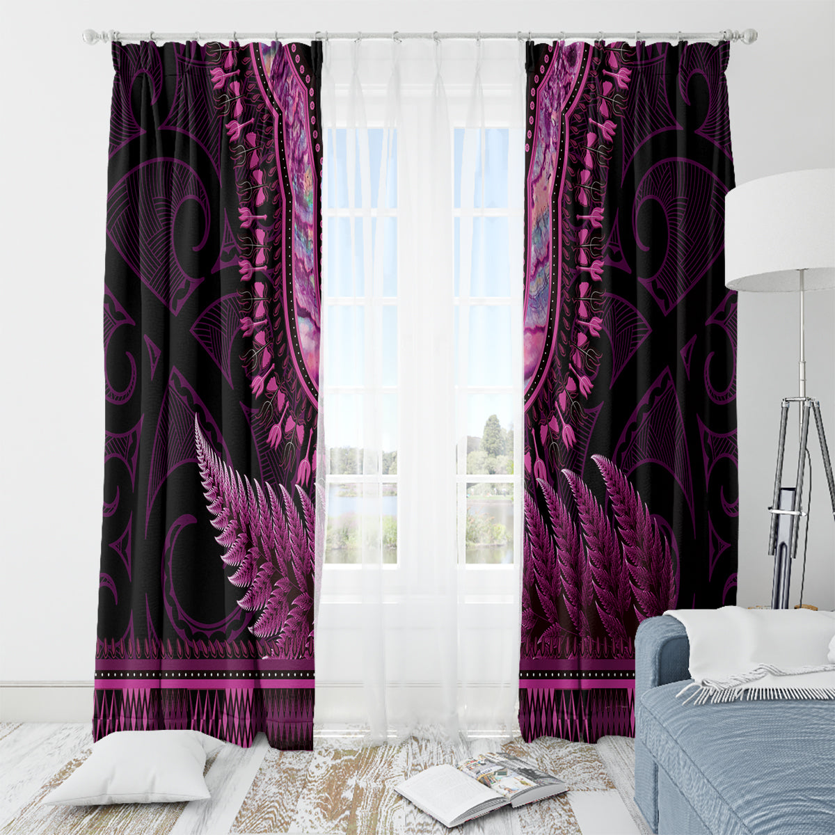 Pink African Dashiki With Aotearoa Maori Window Curtain Paua Shell Mix Silver Fern LT14 - Polynesian Pride