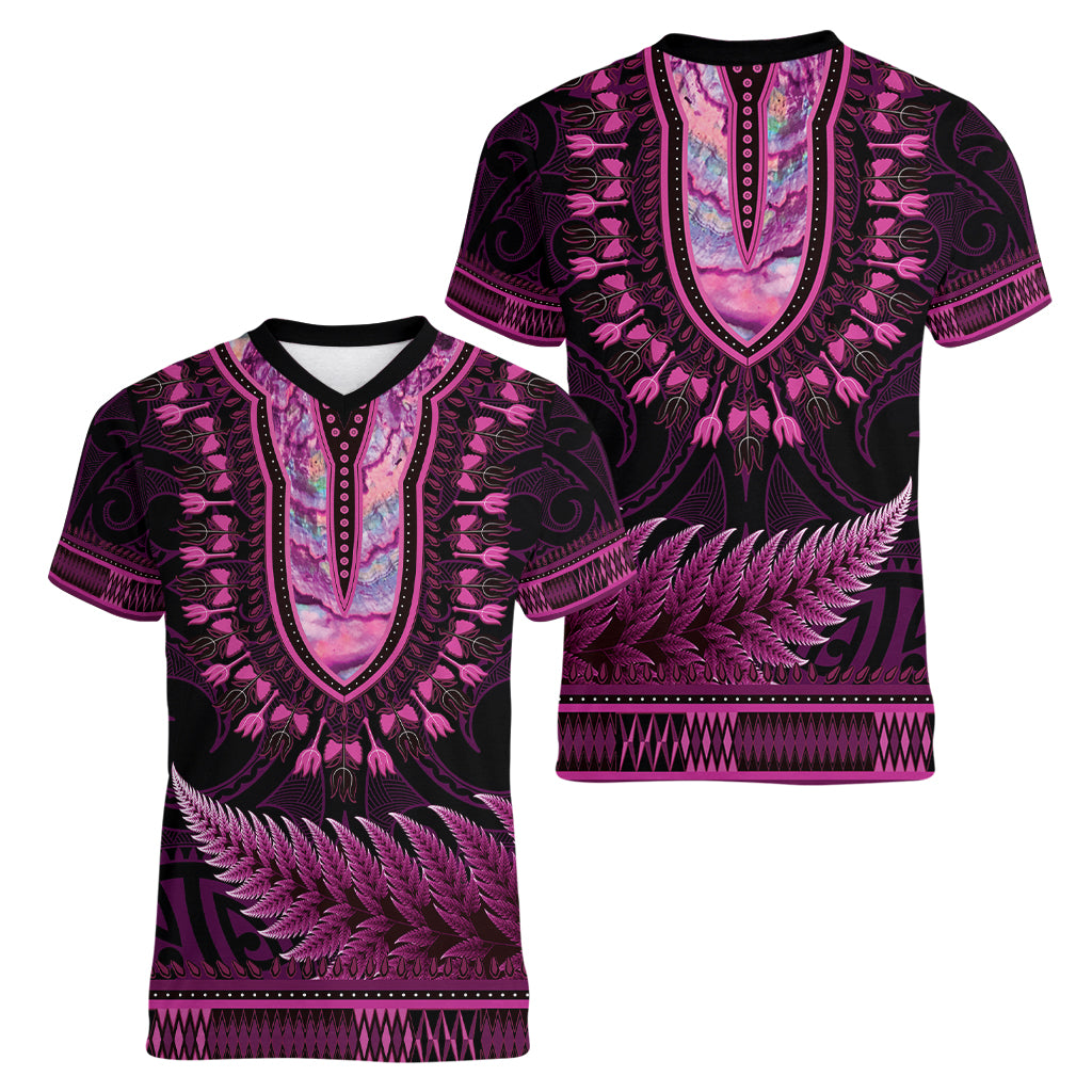 Pink African Dashiki With Aotearoa Maori Women V-Neck T-Shirt Paua Shell Mix Silver Fern