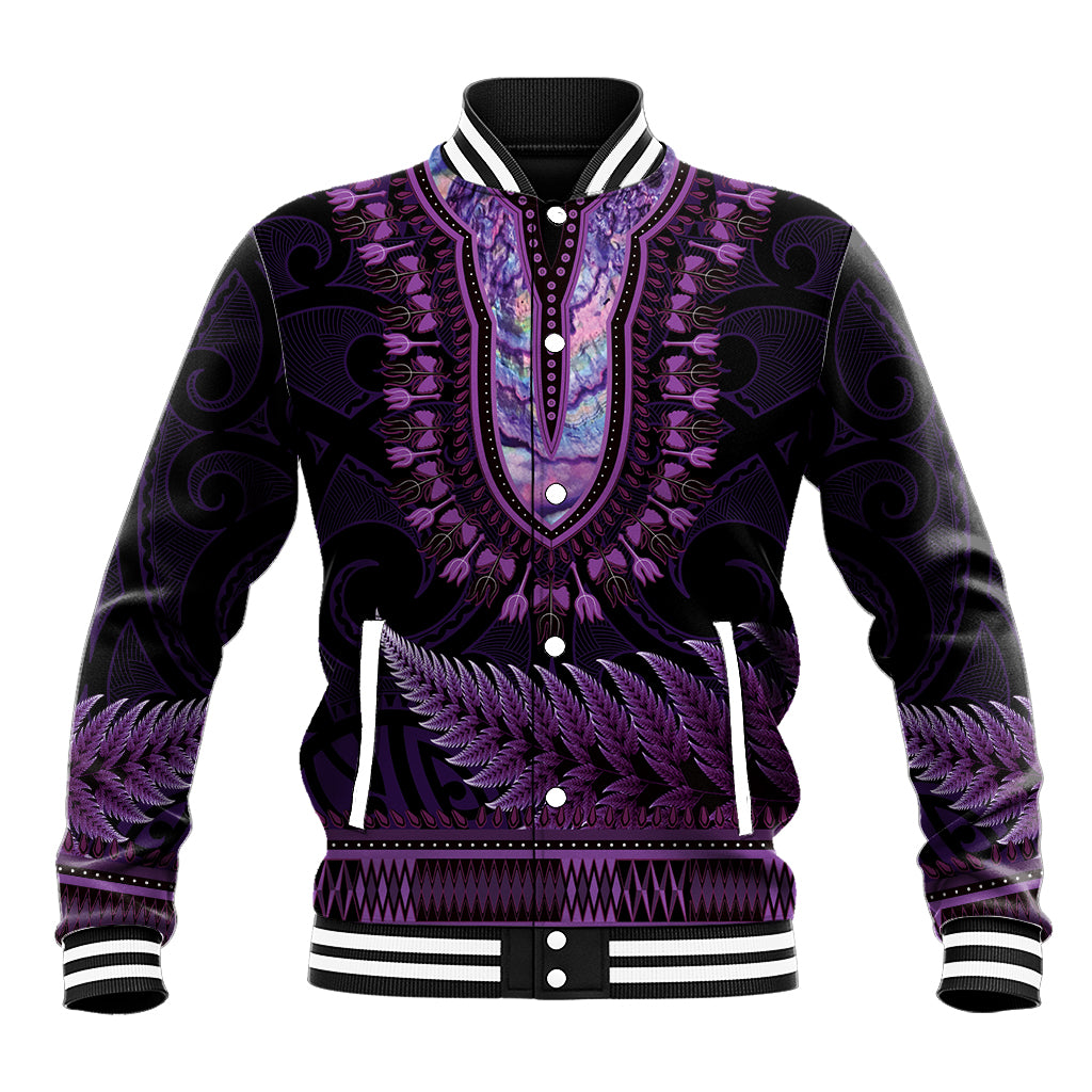 Purple African Dashiki With Aotearoa Maori Baseball Jacket Paua Shell Mix Silver Fern LT14 Unisex Purple - Polynesian Pride
