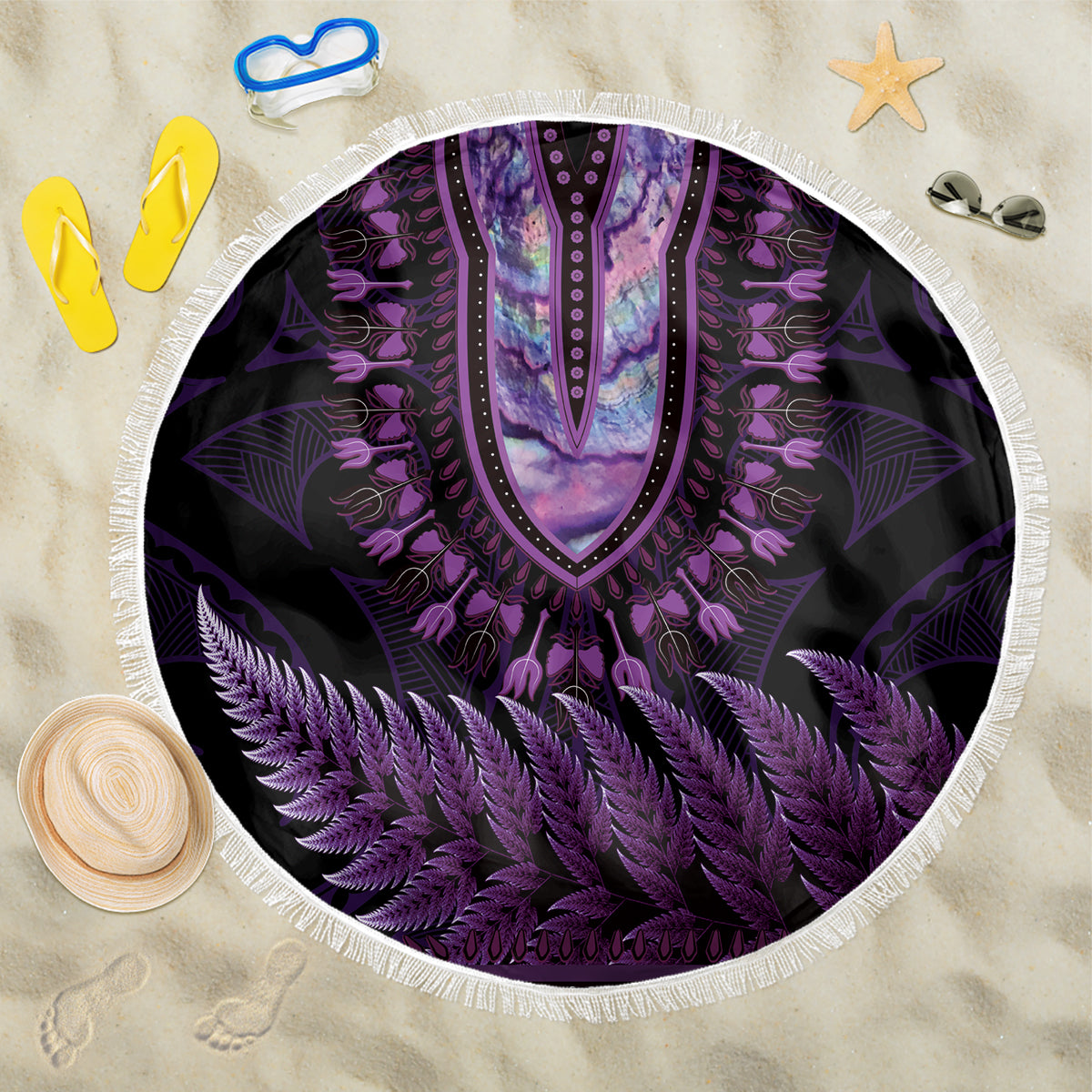 Purple African Dashiki With Aotearoa Maori Beach Blanket Paua Shell Mix Silver Fern LT14 One Size 150cm Purple - Polynesian Pride