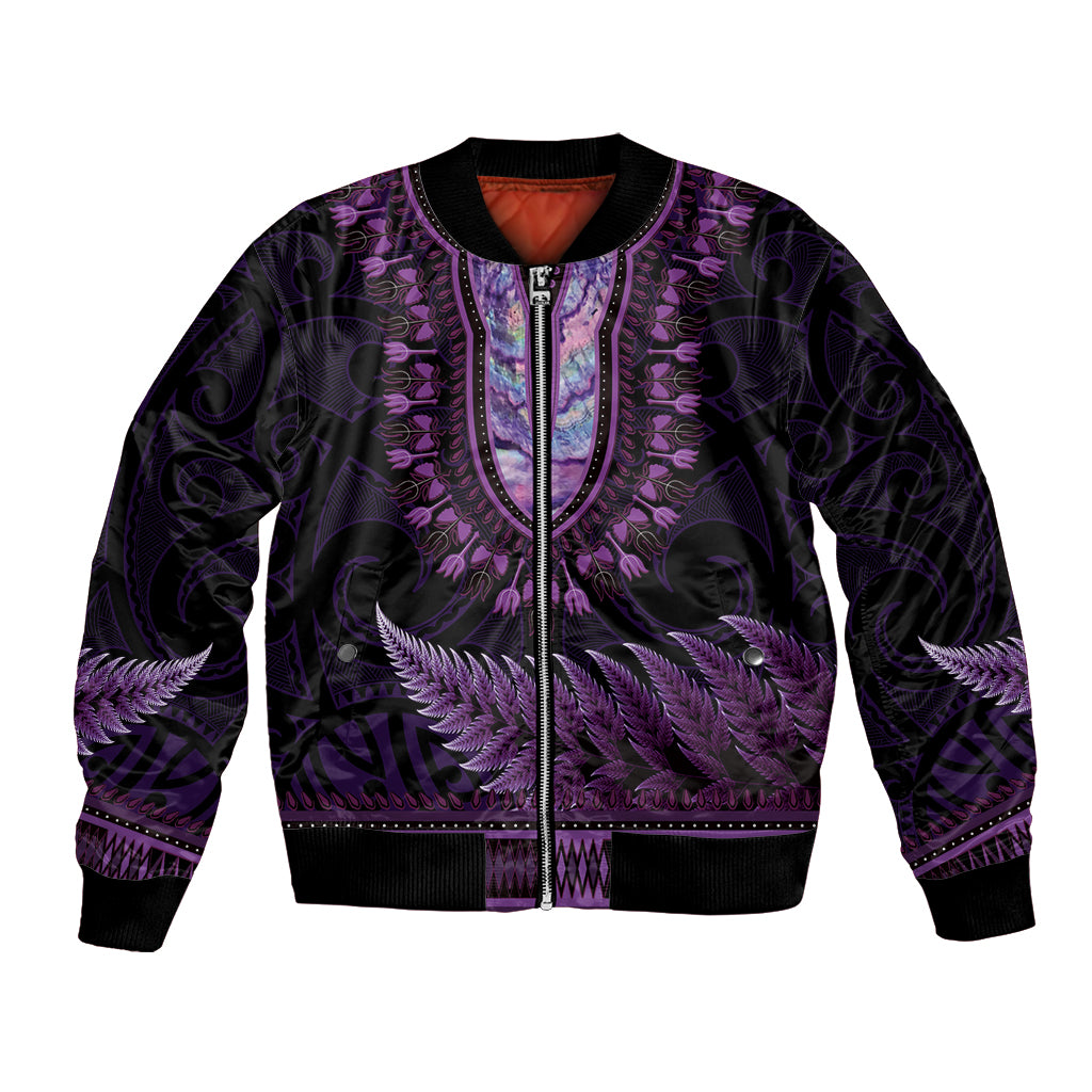 Purple African Dashiki With Aotearoa Maori Bomber Jacket Paua Shell Mix Silver Fern LT14 Unisex Purple - Polynesian Pride