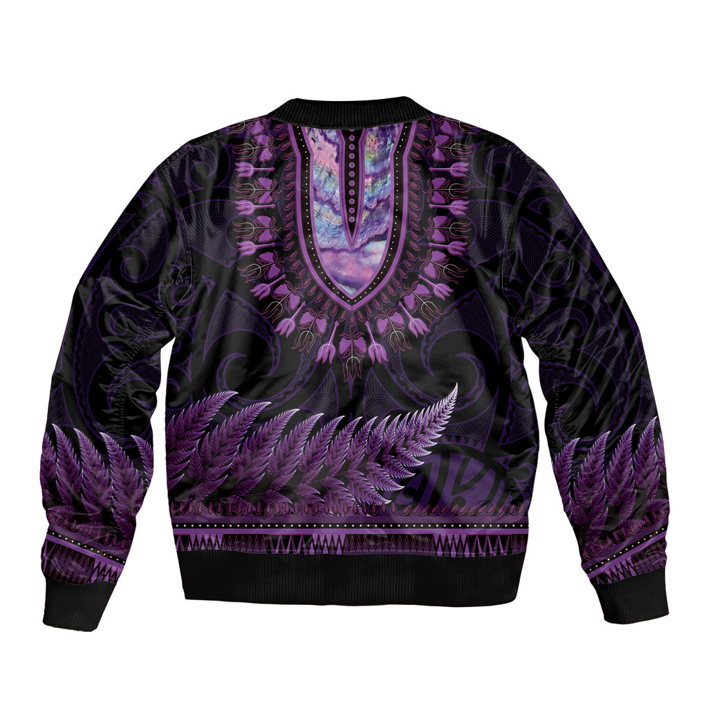 Purple African Dashiki With Aotearoa Maori Bomber Jacket Paua Shell Mix Silver Fern LT14 - Polynesian Pride
