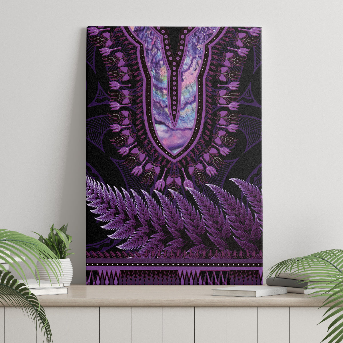 Purple African Dashiki With Aotearoa Maori Canvas Wall Art Paua Shell Mix Silver Fern LT14 - Polynesian Pride